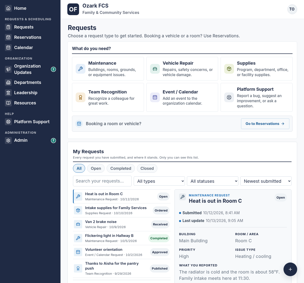 MissionDock requests page on a desktop for Ozark FCS: request types such as Maintenance, Vehicle Repair and Supplies, a Go to Reservations link, and My Requests with status filters, a list of requests and the selected request's details.